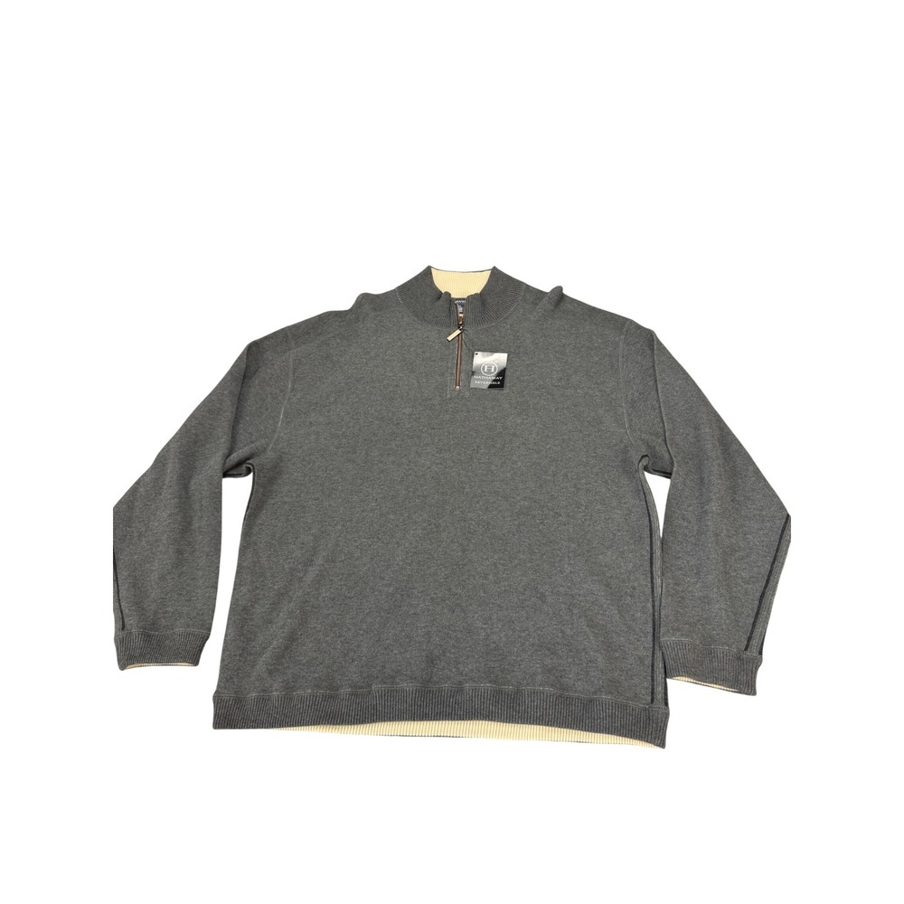Hathaway Reversible Quarter Zip Pullover Sweater Mens XL Gray Cream 100% Cotton
